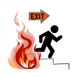 Fire evacuation vector sign. Pictogram of man and realistic flame.